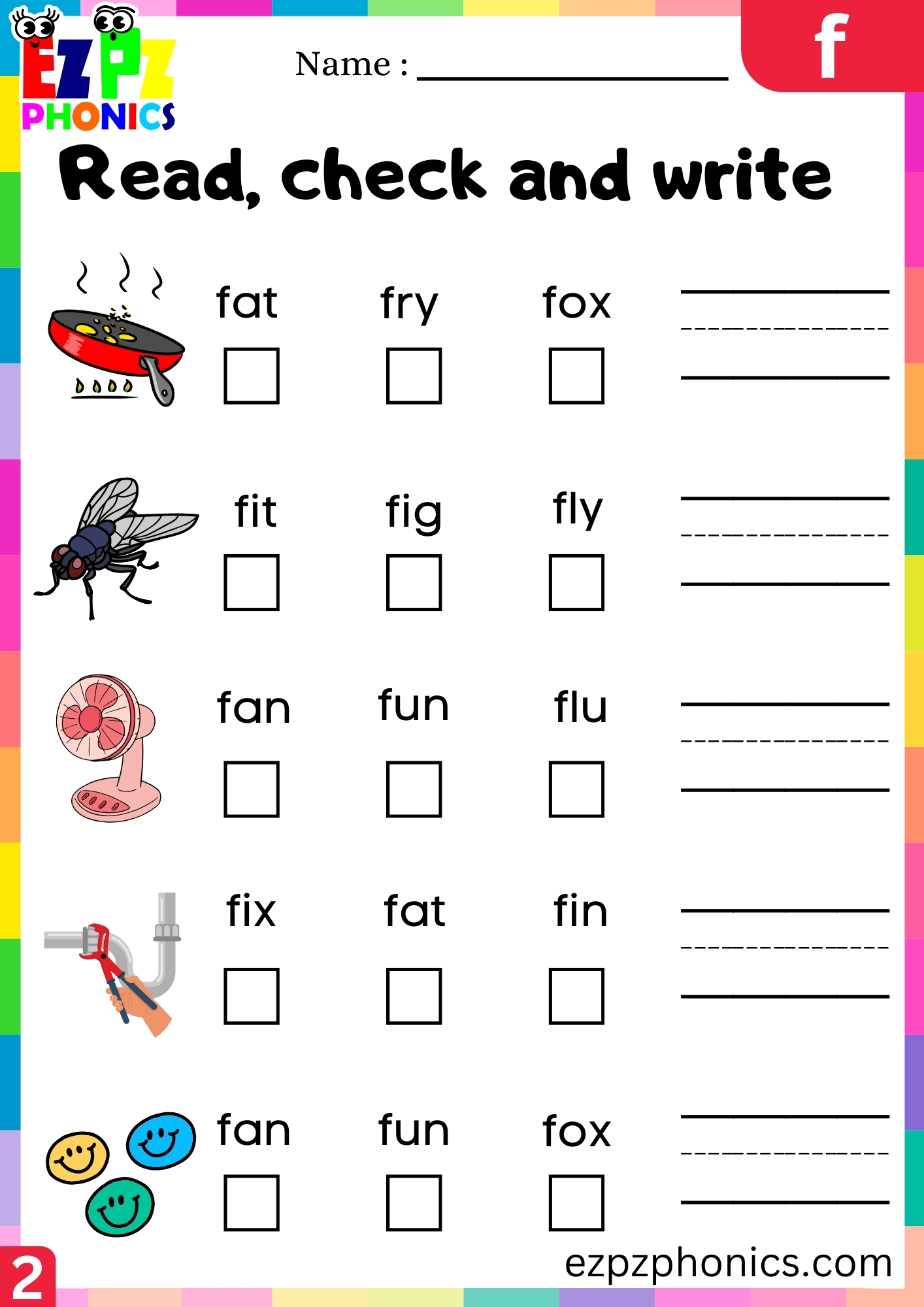 Number2 Letter F Read, Check And Write Beginning Sounds Worksheet